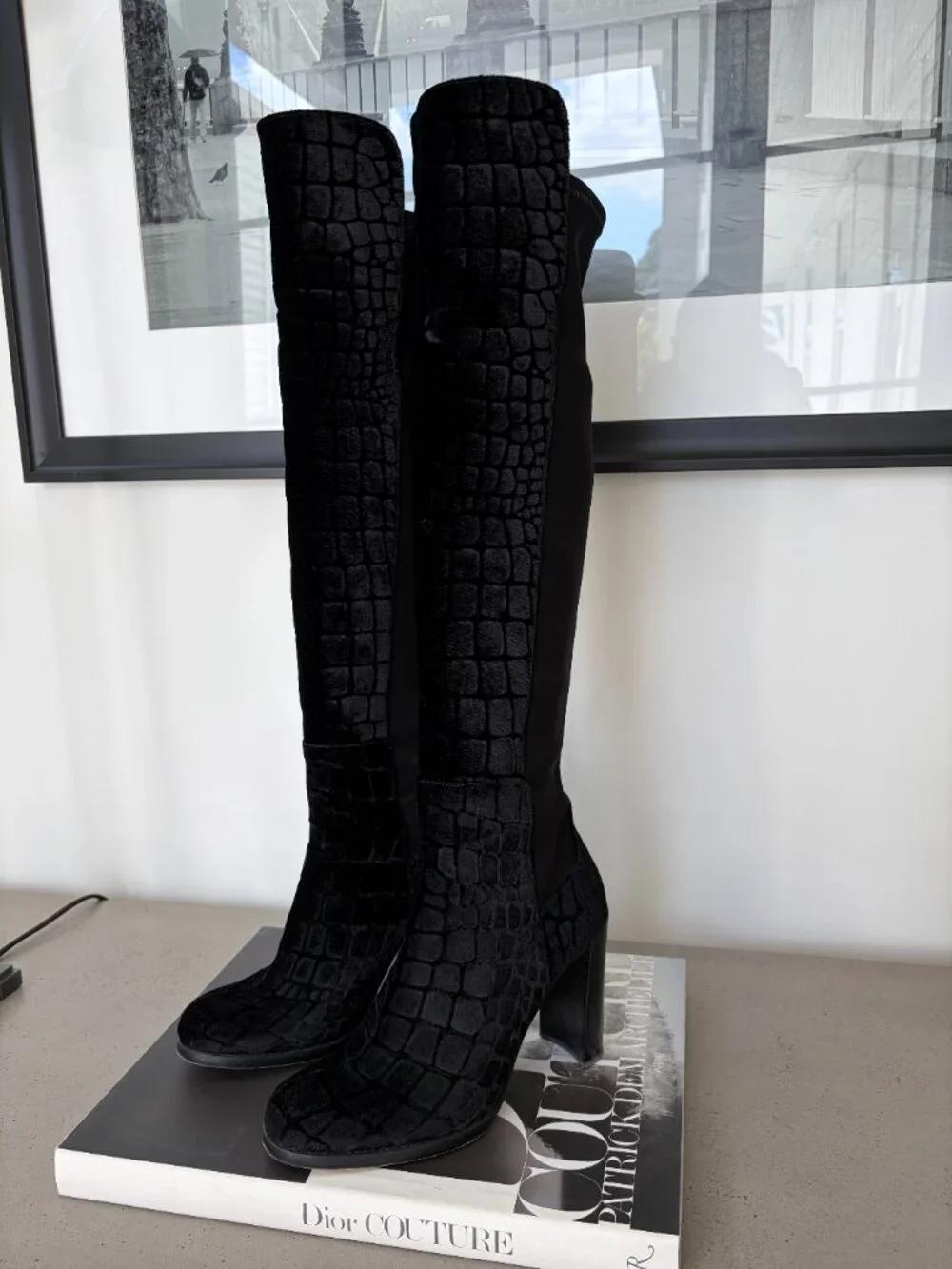 Stuart Weitzman Velvet Croc Embossed Over The Knee Boots Black Sz 8 Block Heel
